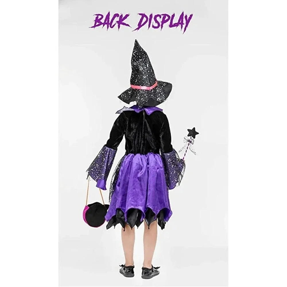 Girls Light-up Witch Halloween Costumes Kids Fancy Dress Set Bat Purple 9-12Y